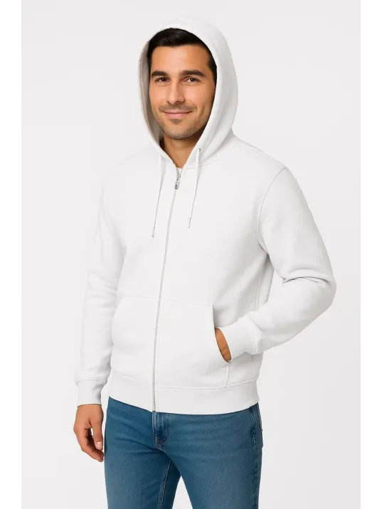 Erkek Üç İplik Kapüşonlu Tam Fermuarlı Kanguru Cepli SweatShirt Hoodie - Beyaz Erkek Üç İplik Kapüşonlu Tam Fermuarlı Kanguru Cepli SweatShirt Hoodie - Beyaz
