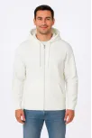 Erkek Üç İplik Kapüşonlu Tam Fermuarlı Kanguru Cepli Sweatshirt Hoodie - Beyaz