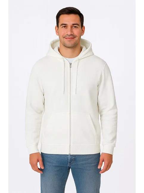 Erkek Üç İplik Kapüşonlu Tam Fermuarlı Kanguru Cepli Sweatshirt Hoodie - Beyaz