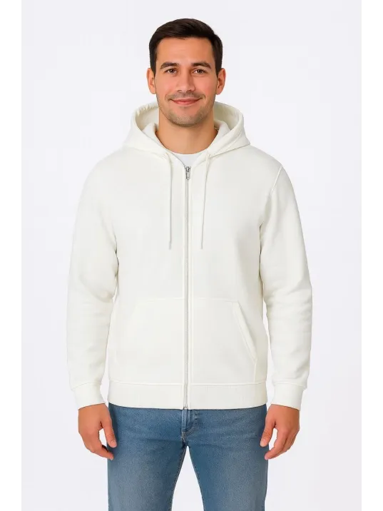 Erkek Üç İplik Kapüşonlu Tam Fermuarlı Kanguru Cepli SweatShirt Hoodie - Beyaz