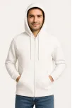 Erkek Üç İplik Kapüşonlu Tam Fermuarlı Kanguru Cepli Sweatshirt Hoodie - Beyaz