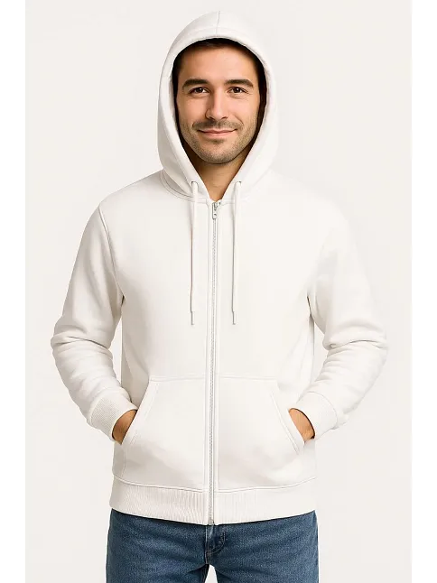 Erkek Üç İplik Kapüşonlu Tam Fermuarlı Kanguru Cepli Sweatshirt Hoodie - Beyaz