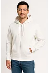 Erkek Üç İplik Kapüşonlu Tam Fermuarlı Kanguru Cepli Sweatshirt Hoodie - Beyaz