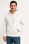 Erkek Üç İplik Kapüşonlu Tam Fermuarlı Kanguru Cepli Sweatshirt Hoodie - Beyaz