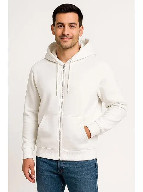 Erkek Üç İplik Kapüşonlu Tam Fermuarlı Kanguru Cepli Sweatshirt Hoodie - Beyaz