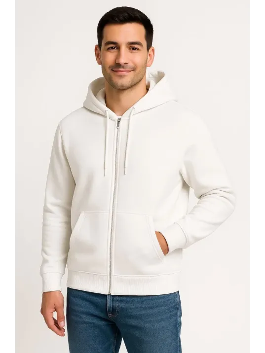 Erkek Üç İplik Kapüşonlu Tam Fermuarlı Kanguru Cepli SweatShirt Hoodie - Beyaz