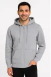 Erkek Üç İplik Kapüşonlu Tam Fermuarlı Kanguru Çepli Sweatshirt Hoodie - Gri