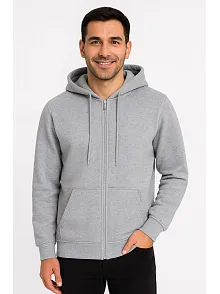 Erkek Üç İplik Kapüşonlu Tam Fermuarlı Kanguru Çepli Sweatshirt Hoodie - Gri