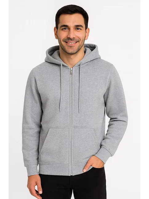 Erkek Üç İplik Kapüşonlu Tam Fermuarlı Kanguru Çepli Sweatshirt Hoodie - Gri