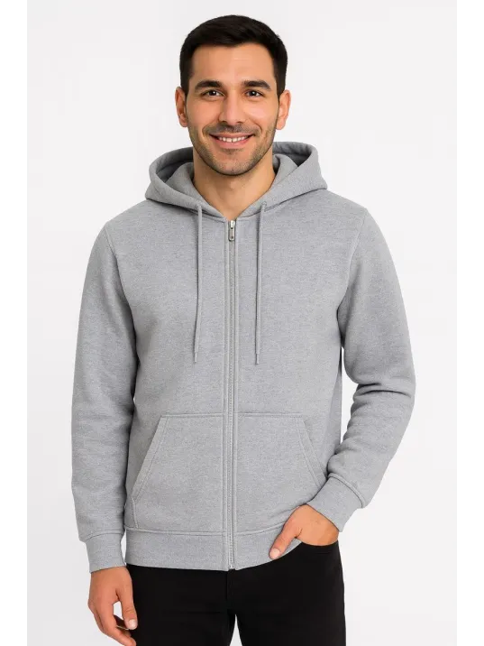 Erkek Üç İplik Kapüşonlu Tam Fermuarlı Kanguru Çepli SweatShirt Hoodie - Gri Erkek Üç İplik Kapüşonlu Tam Fermuarlı Kanguru Çepli SweatShirt Hoodie - Gri