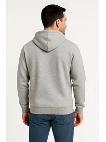 Erkek Üç İplik Kapüşonlu Tam Fermuarlı Kanguru Çepli Sweatshirt Hoodie - Gri