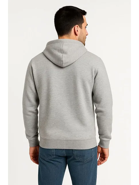 Erkek Üç İplik Kapüşonlu Tam Fermuarlı Kanguru Çepli Sweatshirt Hoodie - Gri