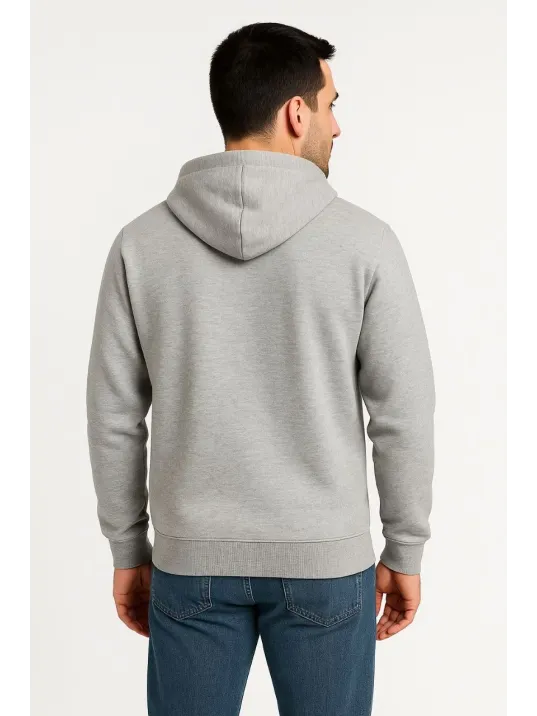 Erkek Üç İplik Kapüşonlu Tam Fermuarlı Kanguru Çepli SweatShirt Hoodie - Gri