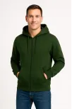 Erkek Üç İplik Kapüşonlu Tam Fermuarlı Kanguru Cepli Sweatshirt Hoodie - Haki