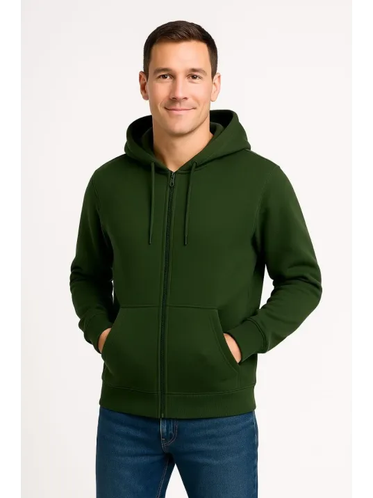 Erkek Üç İplik Kapüşonlu Tam Fermuarlı Kanguru Cepli Sweatshirt Hoodie - Haki