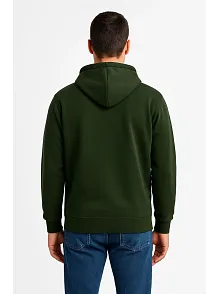 Erkek Üç İplik Kapüşonlu Tam Fermuarlı Kanguru Cepli Sweatshirt Hoodie - Haki