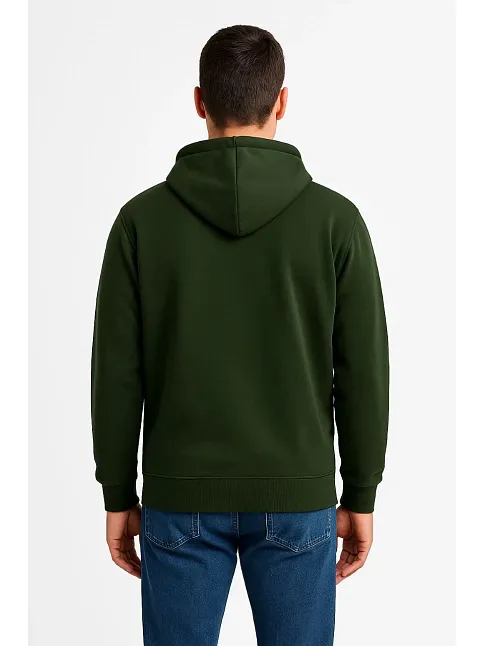 Erkek Üç İplik Kapüşonlu Tam Fermuarlı Kanguru Cepli Sweatshirt Hoodie - Haki