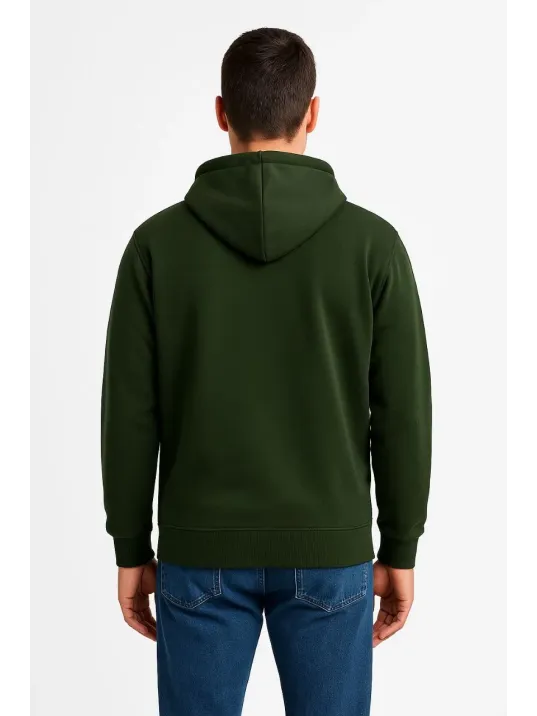 Erkek Üç İplik Kapüşonlu Tam Fermuarlı Kanguru Cepli Sweatshirt Hoodie - Haki