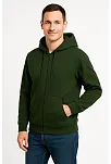 Erkek Üç İplik Kapüşonlu Tam Fermuarlı Kanguru Cepli Sweatshirt Hoodie - Haki