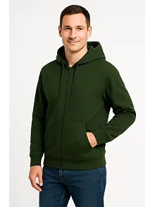 Erkek Üç İplik Kapüşonlu Tam Fermuarlı Kanguru Cepli Sweatshirt Hoodie - Haki