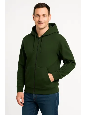Erkek Üç İplik Kapüşonlu Tam Fermuarlı Kanguru Cepli Sweatshirt Hoodie - Haki Erkek Üç İplik Kapüşonlu Tam Fermuarlı Kanguru Cepli Sweatshirt Hoodie - Haki