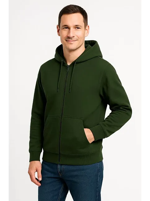 Erkek Üç İplik Kapüşonlu Tam Fermuarlı Kanguru Cepli Sweatshirt Hoodie - Haki