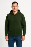 Erkek Üç İplik Kapüşonlu Tam Fermuarlı Kanguru Cepli Sweatshirt Hoodie - Haki