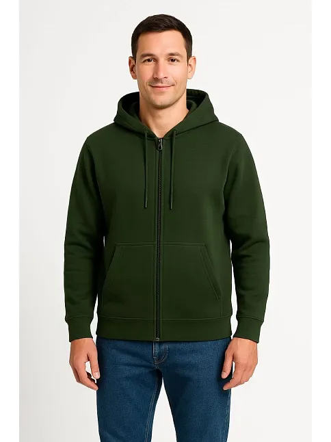 Erkek Üç İplik Kapüşonlu Tam Fermuarlı Kanguru Cepli Sweatshirt Hoodie - Haki