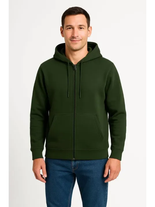 Erkek Üç İplik Kapüşonlu Tam Fermuarlı Kanguru Cepli Sweatshirt Hoodie - Haki