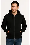 Erkek Üç İplik Kapüşonlu Tam Fermuarlı Kanguru Çepli Sweatshirt Hoodie - Siyah
