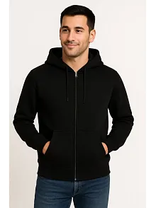 Erkek Üç İplik Kapüşonlu Tam Fermuarlı Kanguru Çepli Sweatshirt Hoodie - Siyah