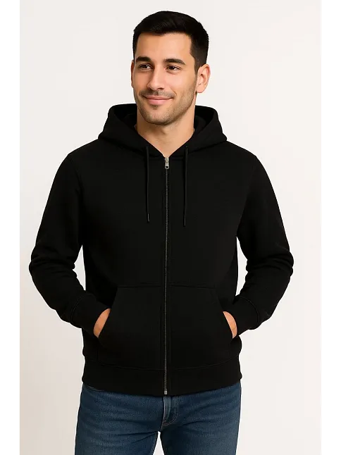 Erkek Üç İplik Kapüşonlu Tam Fermuarlı Kanguru Çepli Sweatshirt Hoodie - Siyah