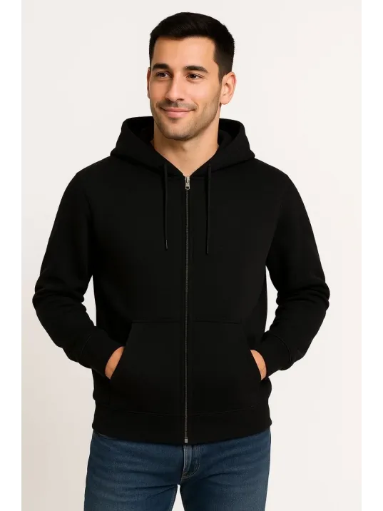 Erkek Üç İplik Kapüşonlu Tam Fermuarlı Kanguru Çepli SweatShirt Hoodie - Siyah