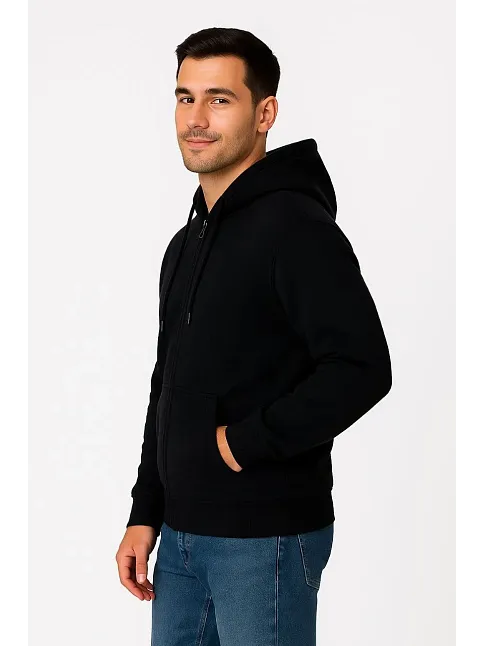 Erkek Üç İplik Kapüşonlu Tam Fermuarlı Kanguru Çepli Sweatshirt Hoodie - Siyah