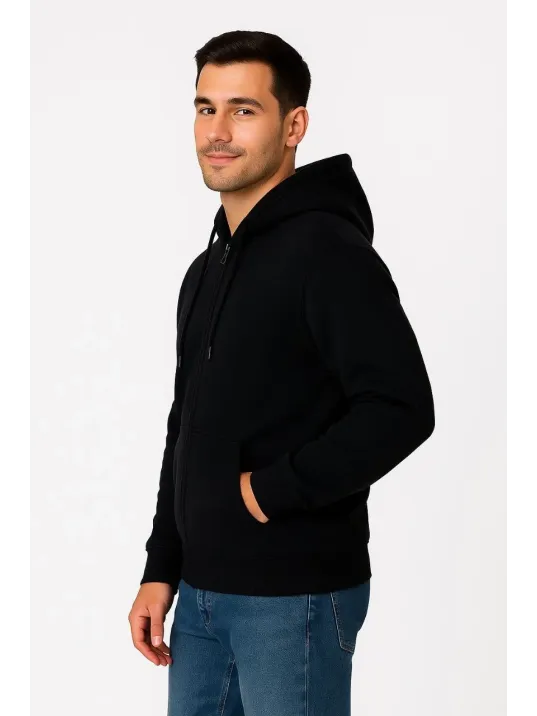 Erkek Üç İplik Kapüşonlu Tam Fermuarlı Kanguru Çepli SweatShirt Hoodie - Siyah
