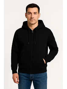 Erkek Üç İplik Kapüşonlu Tam Fermuarlı Kanguru Çepli Sweatshirt Hoodie - Siyah