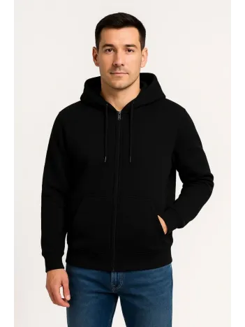 Erkek Üç İplik Kapüşonlu Tam Fermuarlı Kanguru Çepli SweatShirt Hoodie - Siyah Erkek Üç İplik Kapüşonlu Tam Fermuarlı Kanguru Çepli SweatShirt Hoodie - Siyah