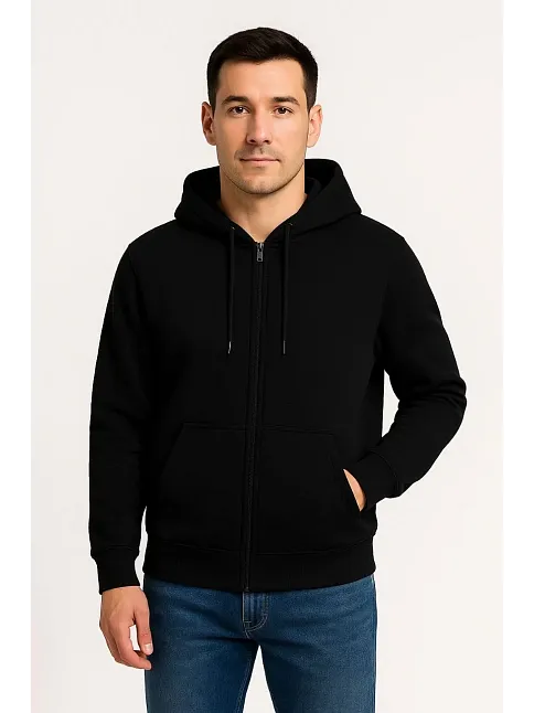 Erkek Üç İplik Kapüşonlu Tam Fermuarlı Kanguru Çepli Sweatshirt Hoodie - Siyah