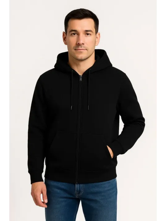 Erkek Üç İplik Kapüşonlu Tam Fermuarlı Kanguru Çepli SweatShirt Hoodie - Siyah Erkek Üç İplik Kapüşonlu Tam Fermuarlı Kanguru Çepli SweatShirt Hoodie - Siyah