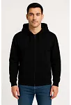 Erkek Üç İplik Kapüşonlu Tam Fermuarlı Kanguru Çepli Sweatshirt Hoodie - Siyah