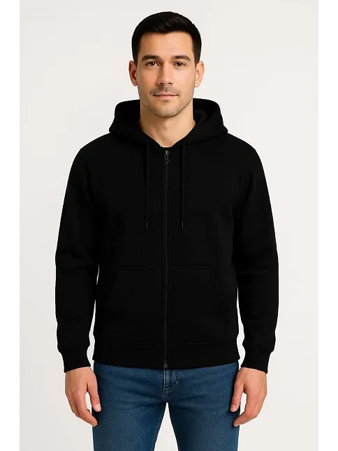 Erkek Üç İplik Kapüşonlu Tam Fermuarlı Kanguru Çepli Sweatshirt Hoodie - Siyah