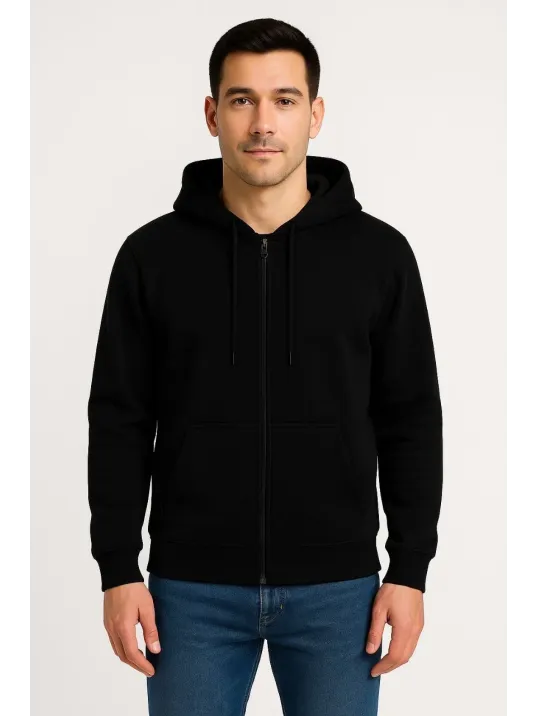 Erkek Üç İplik Kapüşonlu Tam Fermuarlı Kanguru Çepli SweatShirt Hoodie - Siyah