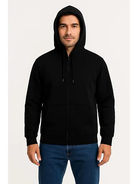Erkek Üç İplik Kapüşonlu Tam Fermuarlı Kanguru Çepli Sweatshirt Hoodie - Siyah