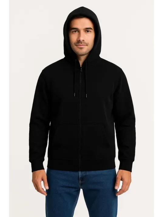 Erkek Üç İplik Kapüşonlu Tam Fermuarlı Kanguru Çepli SweatShirt Hoodie - Siyah