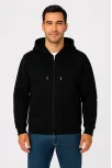 Erkek Üç İplik Kapüşonlu Tam Fermuarlı Kanguru Çepli Sweatshirt Hoodie - Siyah