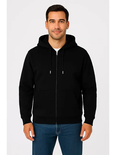Erkek Üç İplik Kapüşonlu Tam Fermuarlı Kanguru Çepli Sweatshirt Hoodie - Siyah