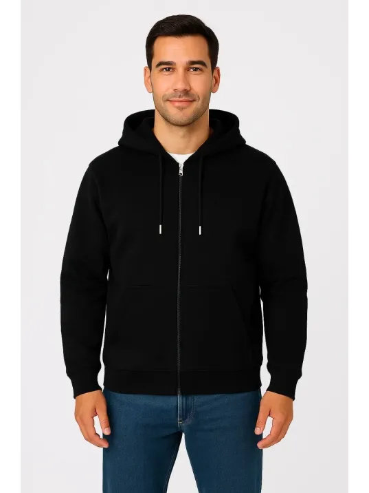 Erkek Üç İplik Kapüşonlu Tam Fermuarlı Kanguru Çepli SweatShirt Hoodie - Siyah