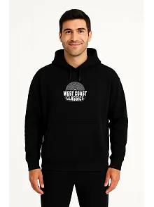 Erkek Kapşonlu Sweatshirt – Oversize Üç İplik Şardonlu Hoodie, “west Coast Classics” Ön & Arka Baskılı, Kanguru Cepli Kışlık Günlük Stil - Siyah