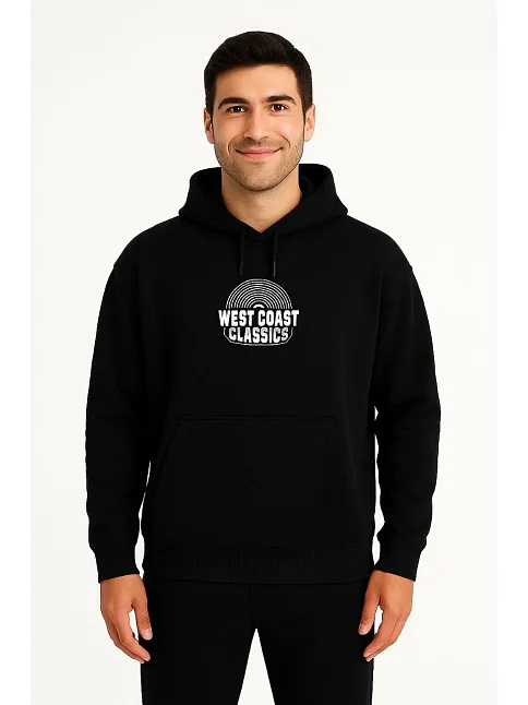 Erkek Kapşonlu Sweatshirt – Oversize Üç İplik Şardonlu Hoodie, “west Coast Classics” Ön & Arka Baskılı, Kanguru Cepli Kışlık Günlük Stil - Siyah