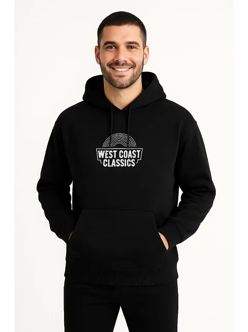 Erkek Kapşonlu Sweatshirt – Oversize Üç İplik Şardonlu Hoodie, “west Coast Classics” Ön & Arka Baskılı, Kanguru Cepli Kışlık Günlük Stil - Siyah